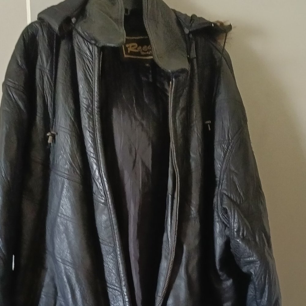 Black Leather Jacket WITH DETACHABLE FUR HOOD / OUTER 2 POCKETS